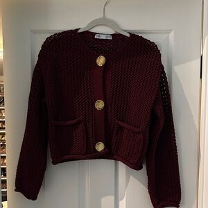 Zara Deep Red/ wine color Knit Sweater with Gold buttons